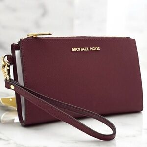 Michael Kors Large Jet Set Travel Double Zip Wallet Dark Cherry